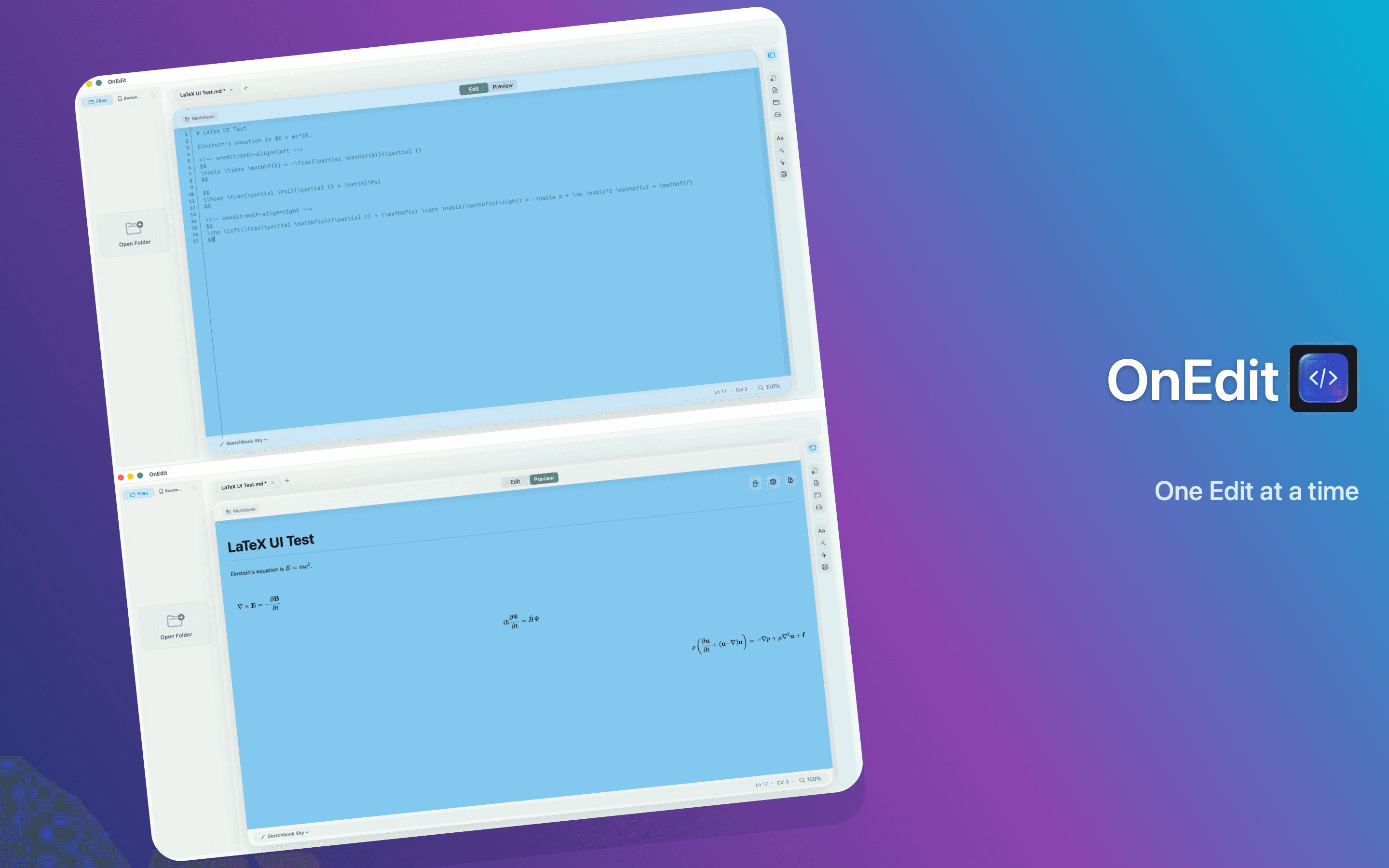 OnEdit 5.0 LaTeX math source and locally rendered Markdown preview